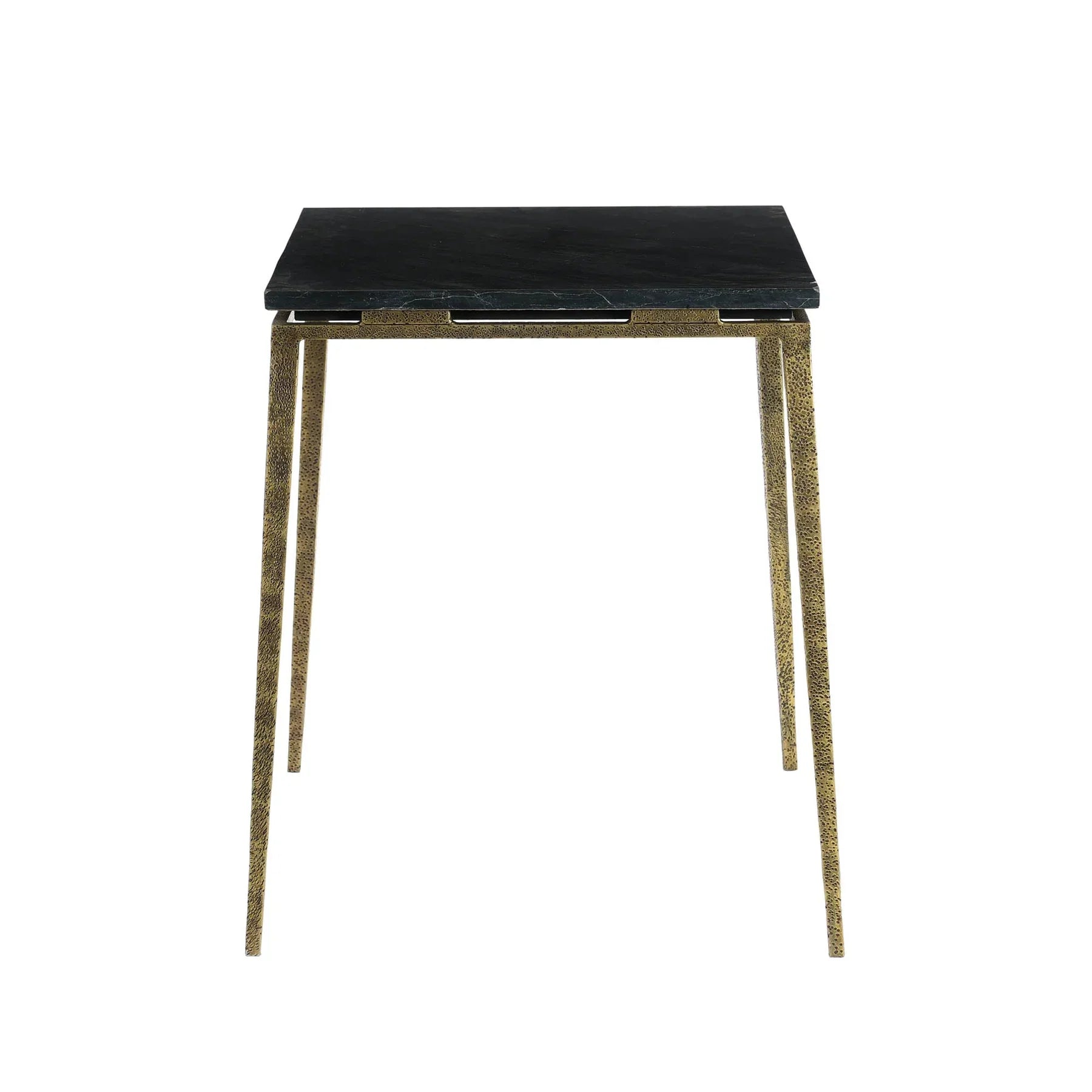 Straight-on front view highlighting the minimalist square silhouette and the slender antique gold legs of the Eclipse accent table