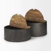 Close-up view of the circular wood top featuring a recessed finger pull for easy access to hidden storage