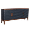 Three-quarter perspective view of the Eden sideboard featuring a navy blue diamond-textured body with a warm natural wood top and matching legs