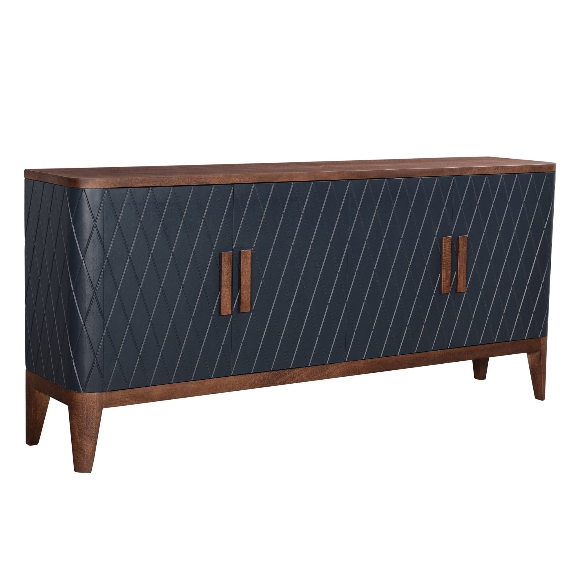 Straight-on front view highlighting the symmetrical diamond texture and the slim, vertical natural wood door pulls
