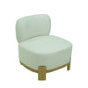 Front angled shot emphasizing the tactile quality of the cream weave and natural wood finish
