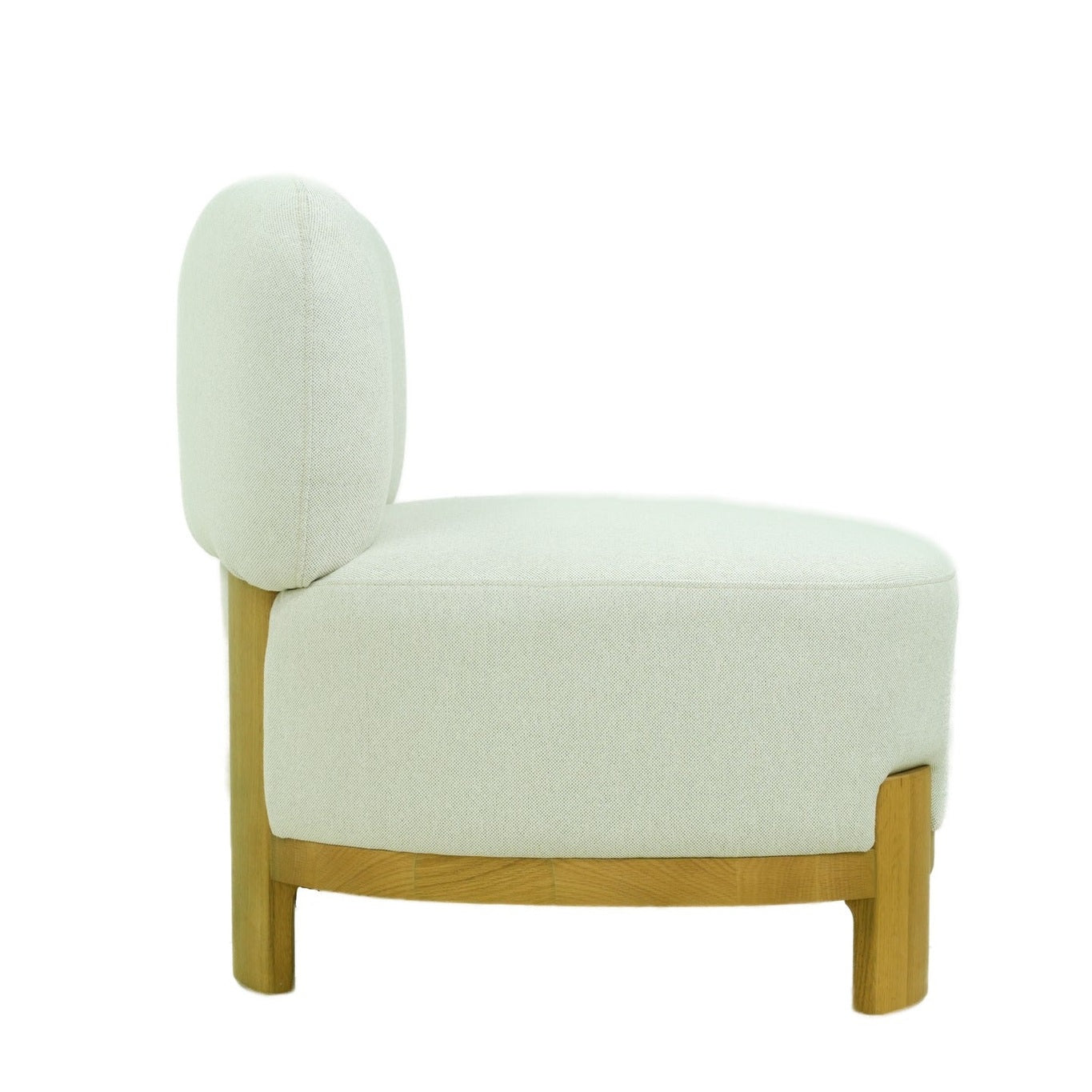 Side profile highlighting the deep circular seat and the architectural wooden frame support