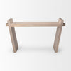 Front view of the Elaine III console table in brown wood featuring a minimalist architectural design with flared angled legs