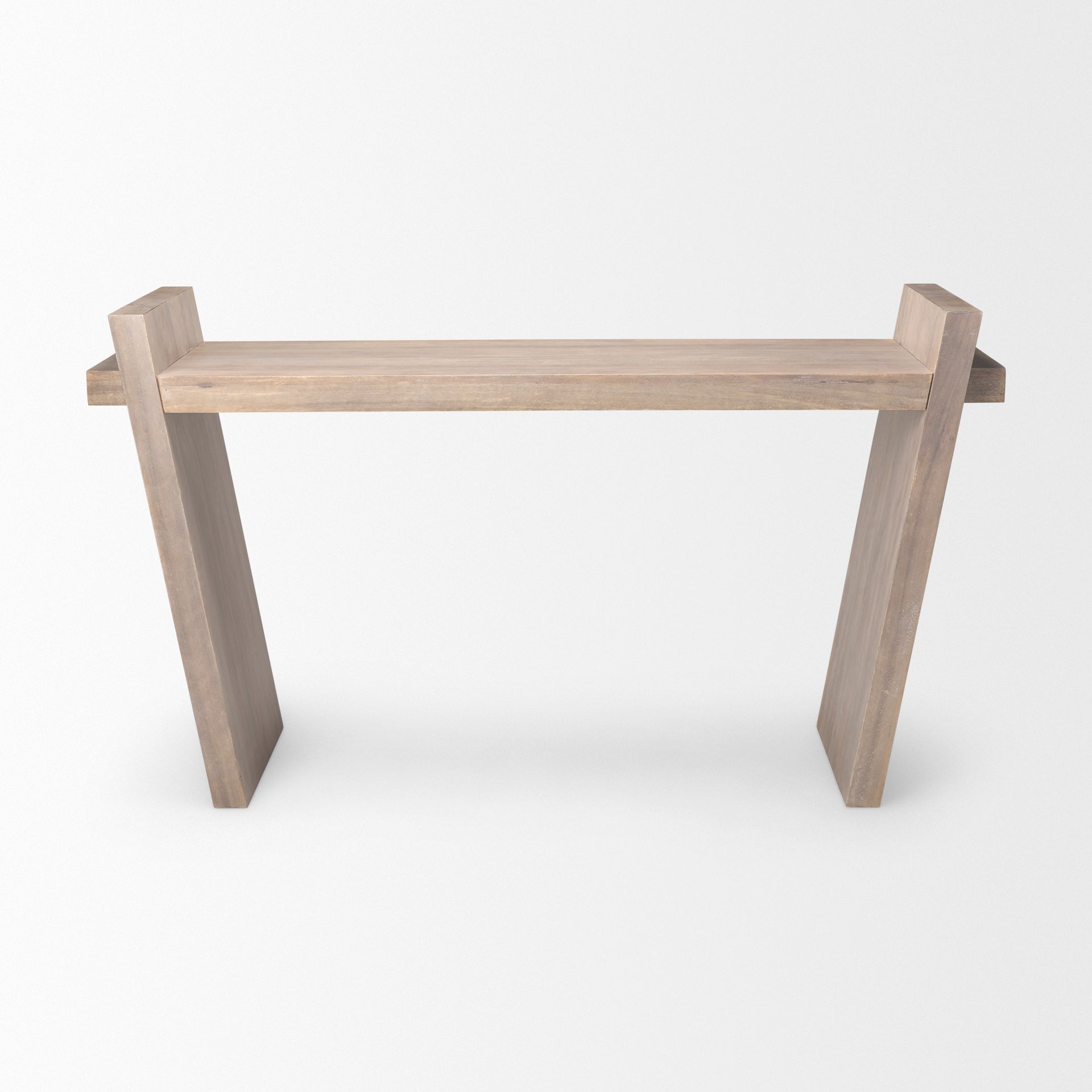 Front view of the Elaine III console table in brown wood featuring a minimalist architectural design with flared angled legs