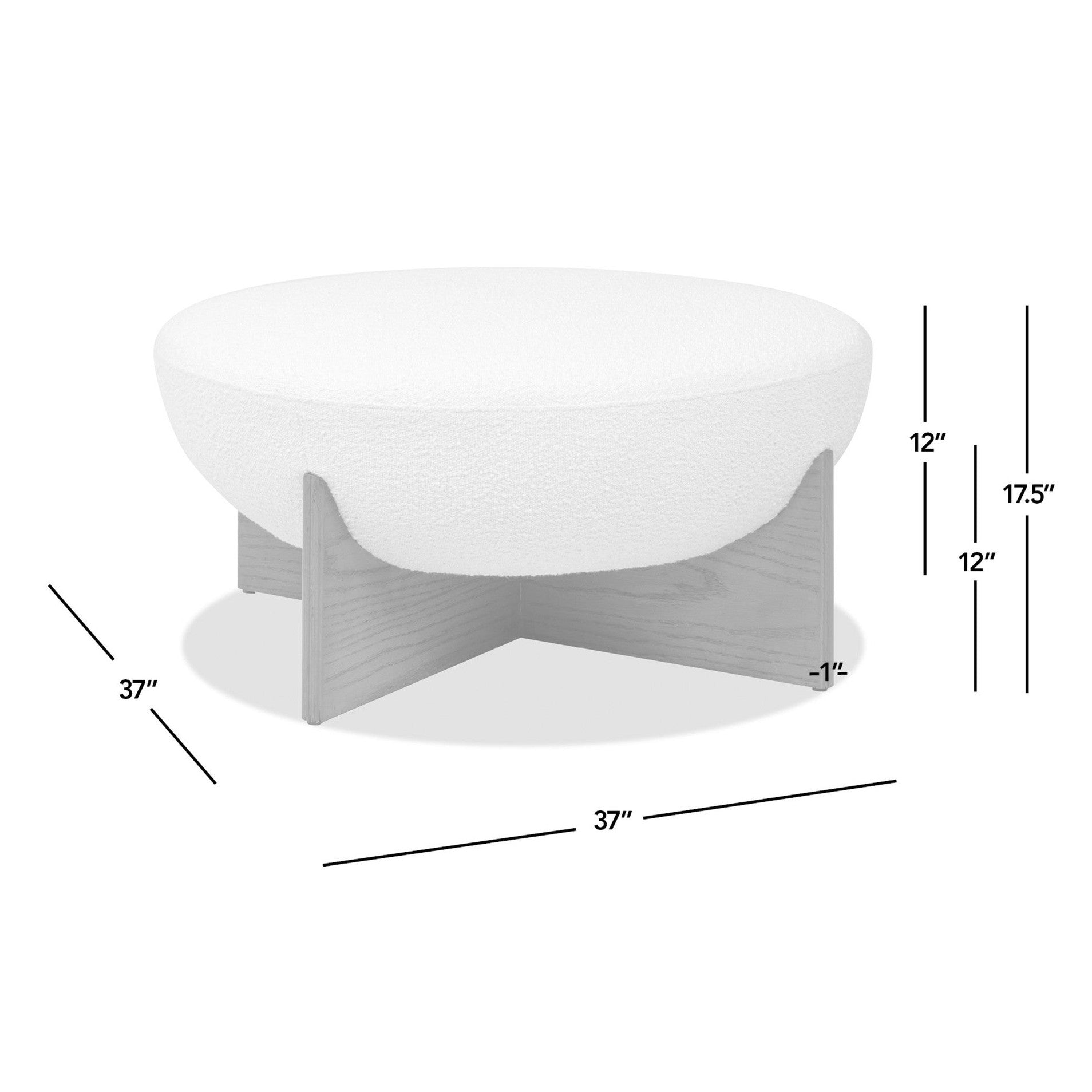 Front view of the Elara ottoman featuring a white bouclé bowl-shaped seat and a natural wood cross-base frame