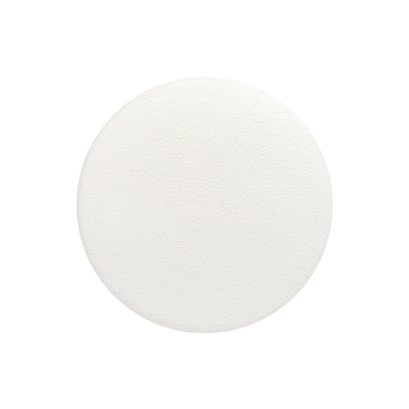 Front view of the Elara ottoman featuring a white bouclé bowl-shaped seat and a natural wood cross-base frame