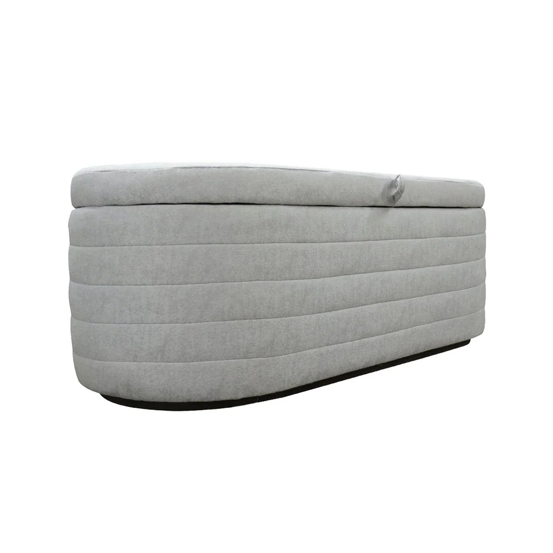 Front view of the Elio oval storage bench featuring platinum gray fabric and modern horizontal channel tufting