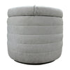 Front view of the Elio cylindrical storage ottoman featuring platinum gray textured fabric and horizontal channel stitching