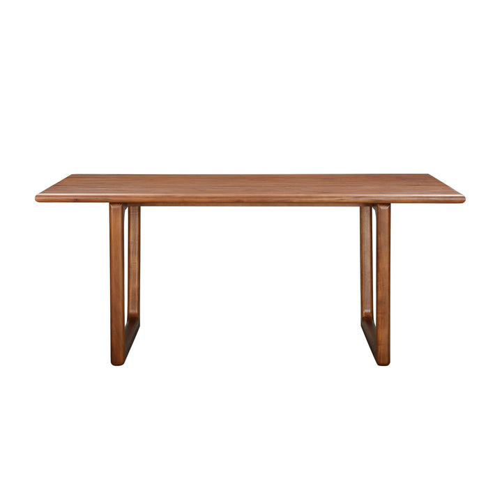 Front view of the Elixir dining table in a light natural oak finish featuring a rectangular tabletop and rounded tapered legs