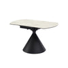 Side profile view highlighting the integrated metal extension tracks beneath the white faux marble tabletop