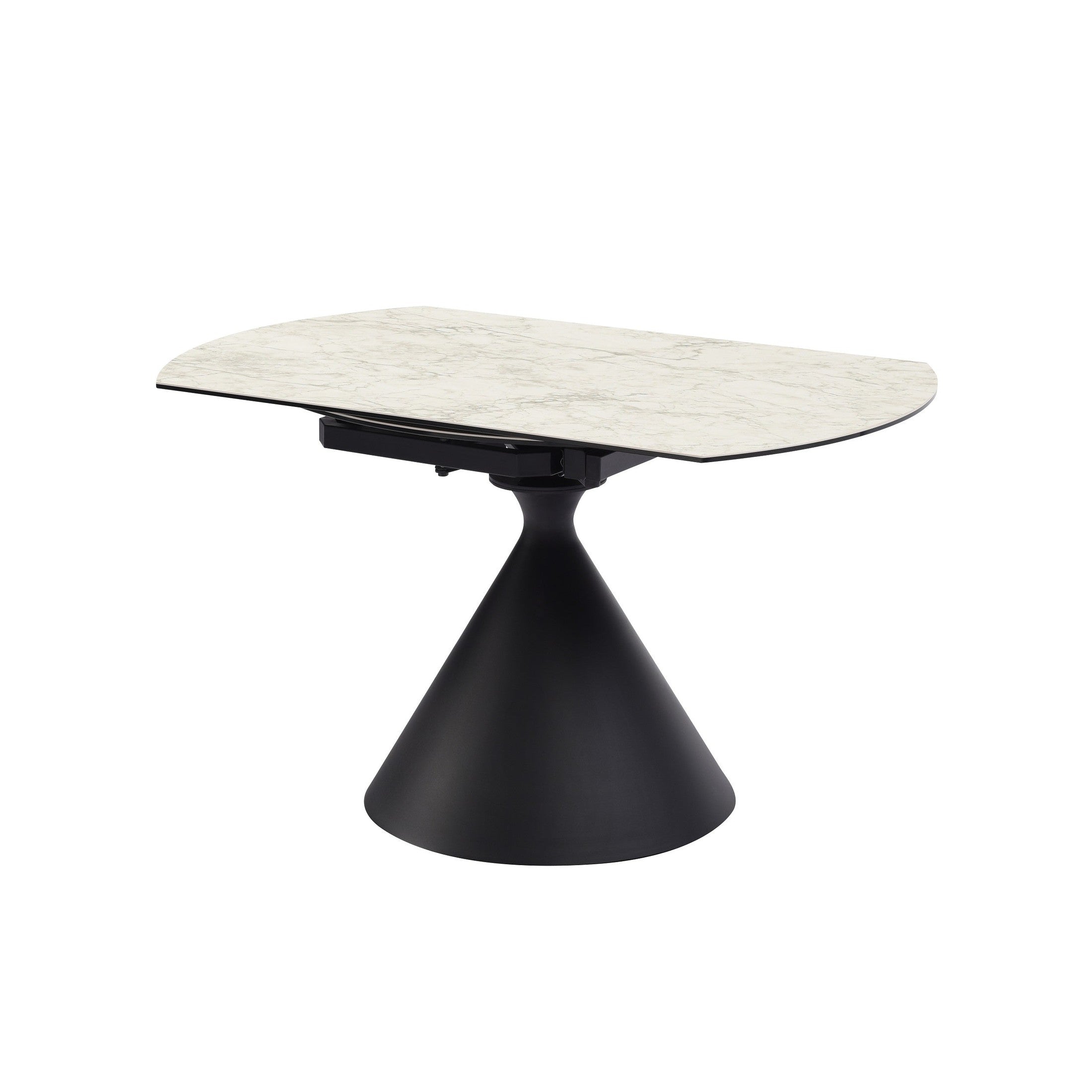Side profile view highlighting the integrated metal extension tracks beneath the white faux marble tabletop