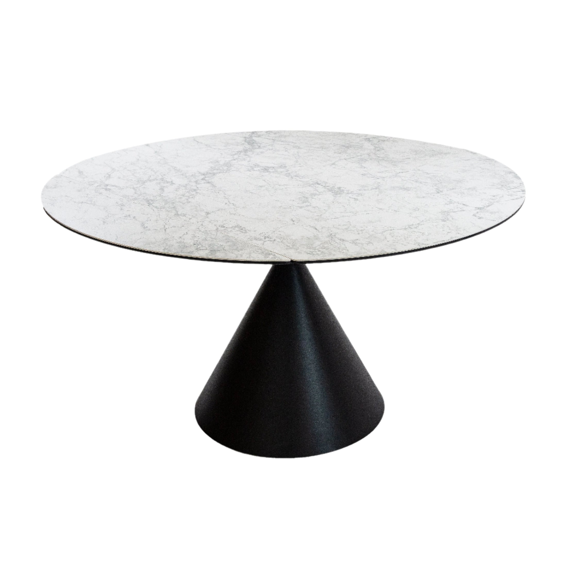Front view of the Elskede round dining table featuring a white faux marble top and a black conical pedestal base