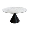 Front view of the Elskede round dining table featuring a white faux marble top and a black conical pedestal base