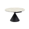 Perspective view showcasing the table transitioning from a compact circular shape to a spacious oval dining surface