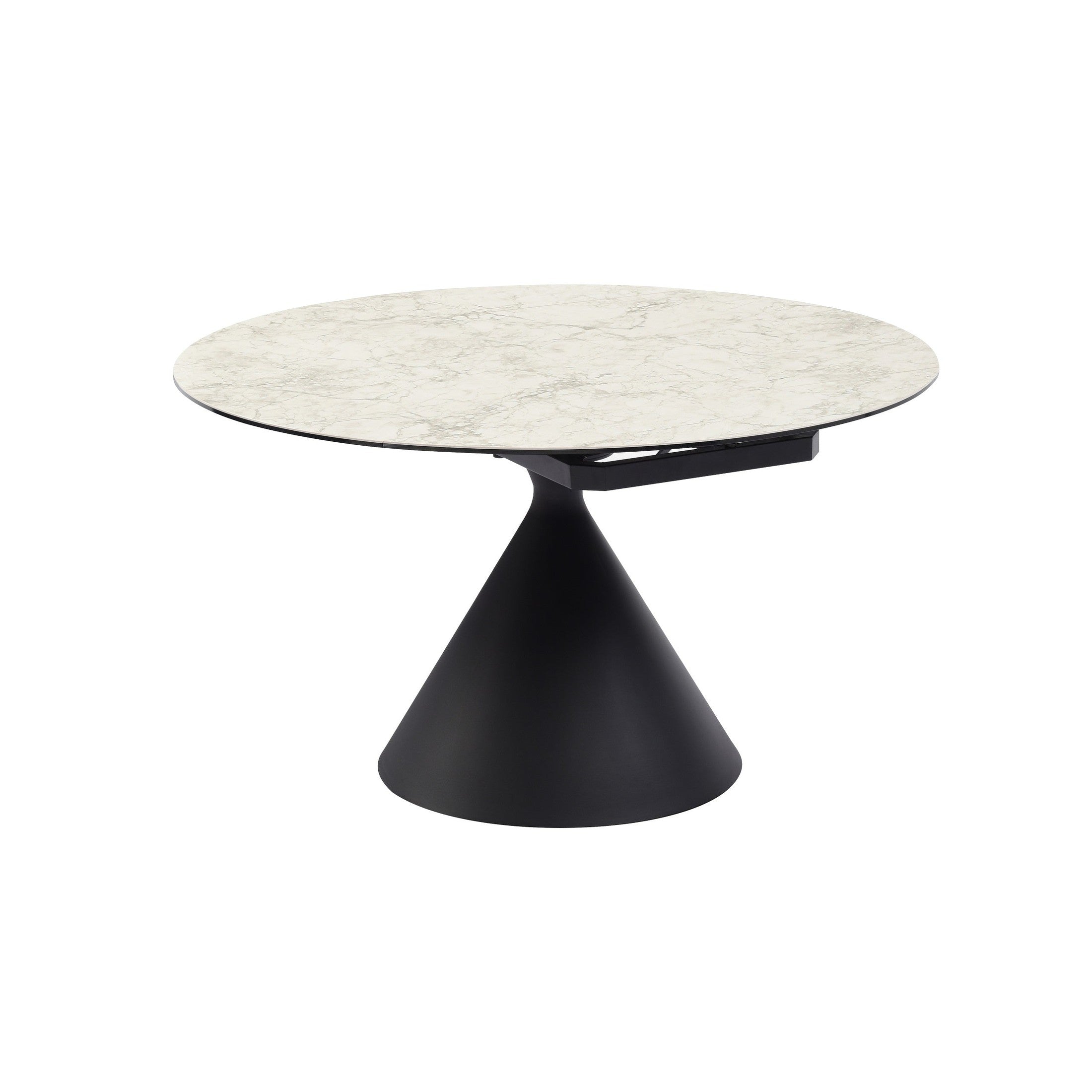 Perspective view showcasing the table transitioning from a compact circular shape to a spacious oval dining surface
