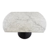 Angle view highlighting the black conical base and the integrated extension mechanism of the white faux marble table