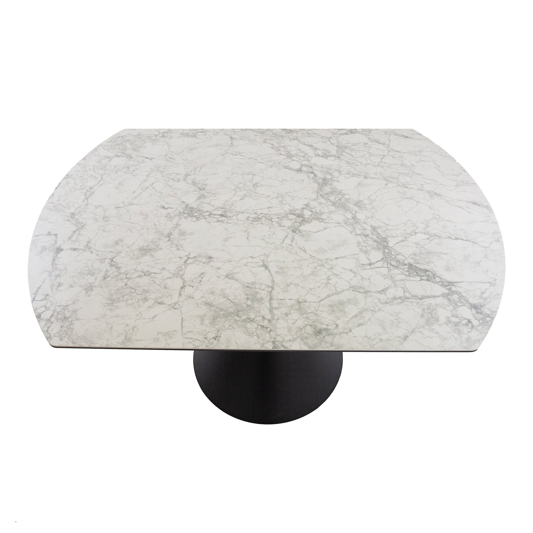 Angle view highlighting the black conical base and the integrated extension mechanism of the white faux marble table