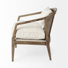 Emil accent chair with light brown wood frame, cream fabric seat and cane back angled view