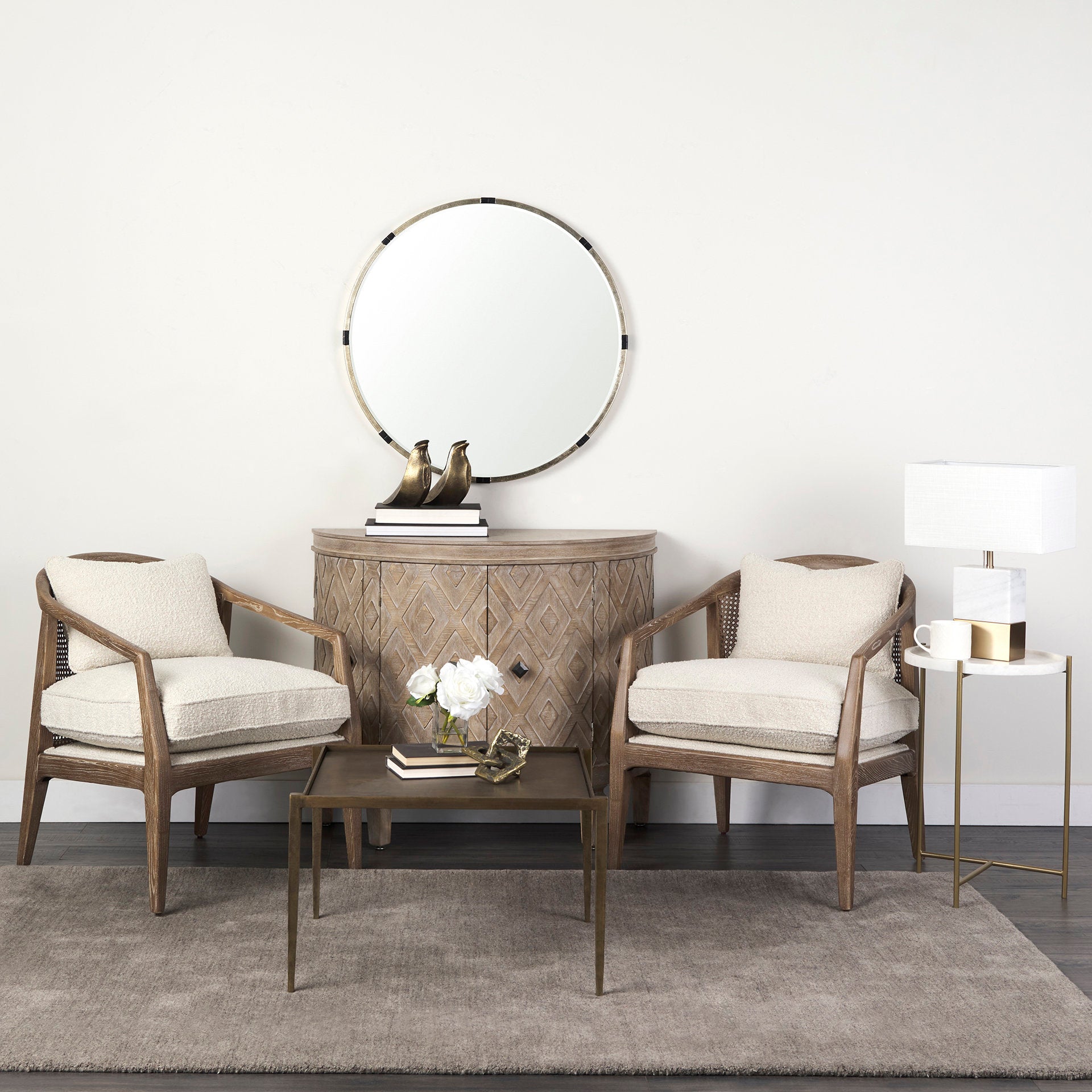 Emil Light Brown Wood W/ Cream Fabric Seat and Cane Back Accent Chair
