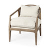 Emil accent chair with light brown wood frame, cream fabric seat and cane back side profile