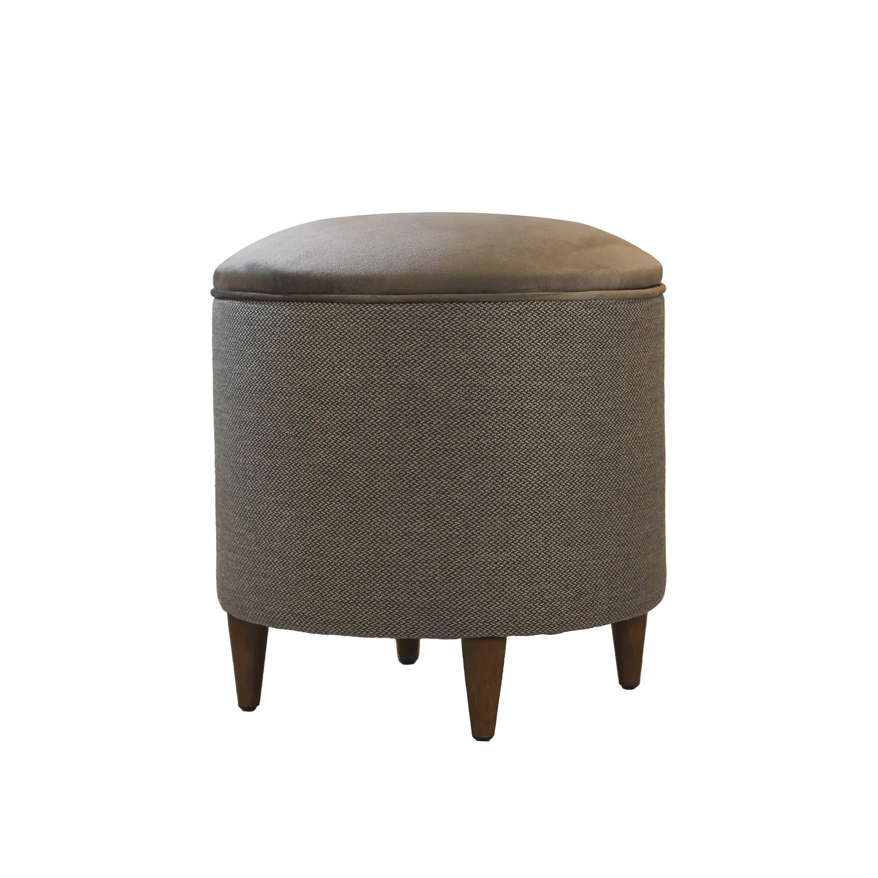 Front view of the Emma storage ottoman featuring a dark woven fabric base, smooth brown lid, and tapered wood legs
