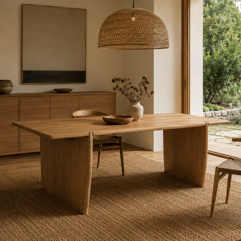 A minimalist rectangular wooden table with a light oak finish, featuring a thick top and two integrated block-style legs, shown against a plain white background.