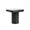 Straight-on front view highlighting the symmetrical minimalist design and the reflective polished surface of the black table