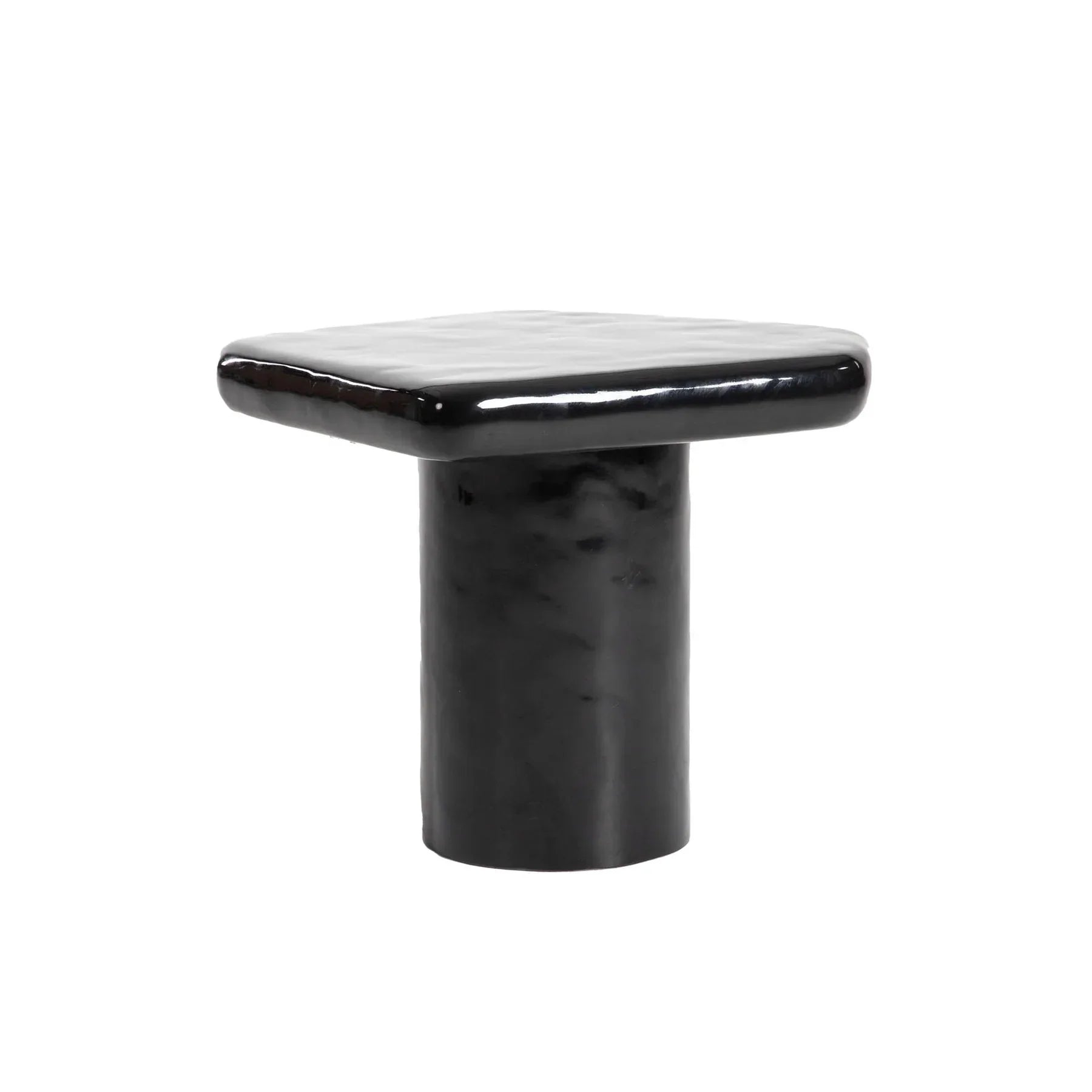 Straight-on front view highlighting the symmetrical minimalist design and the reflective polished surface of the black table