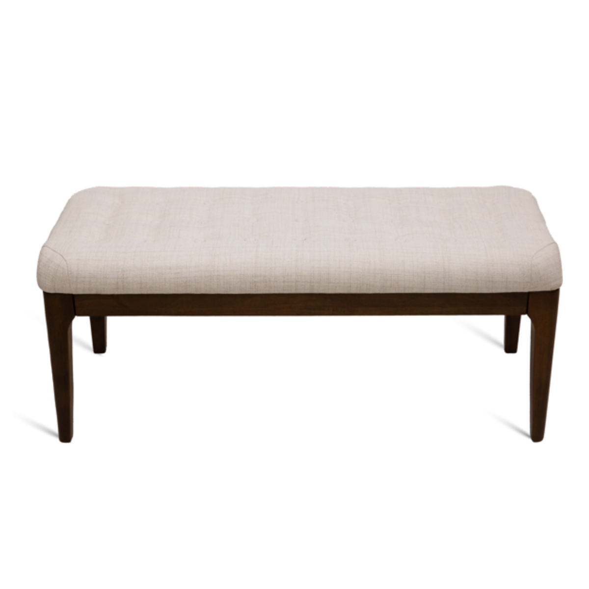 Front view of the Ettore dining bench featuring a warm walnut wood frame and a light neutral tufted fabric seat
