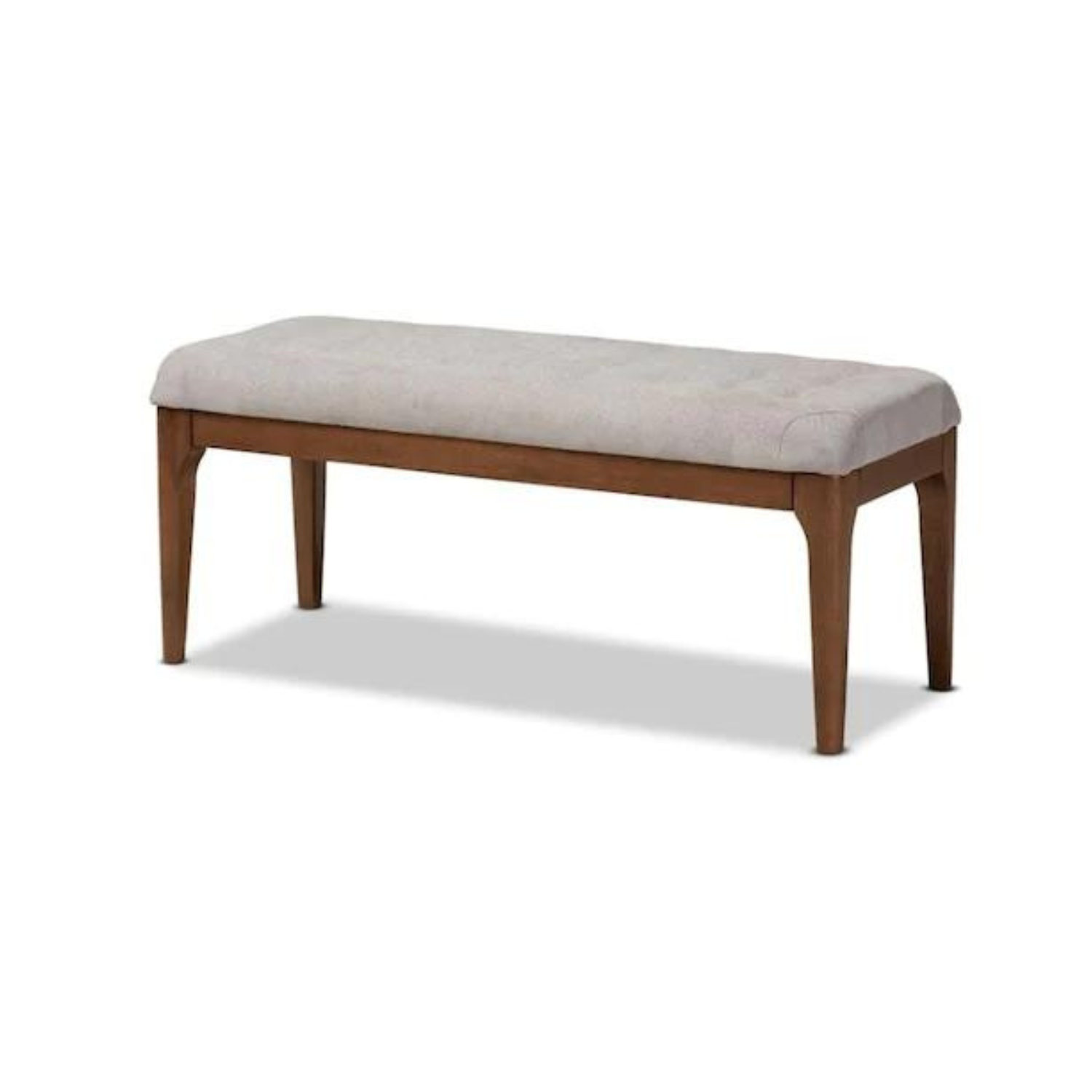 Front view of the Ettore dining bench featuring a warm walnut wood frame and a light neutral tufted fabric seat