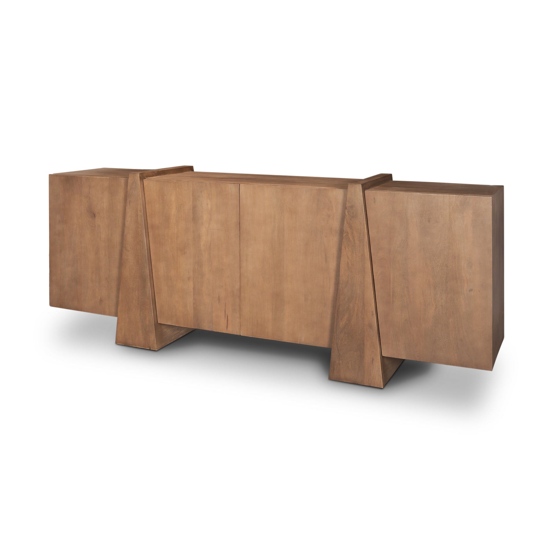 Front view of the Eula sideboard in medium brown wood featuring four seamless doors and two prominent sculptural vertical panel supports