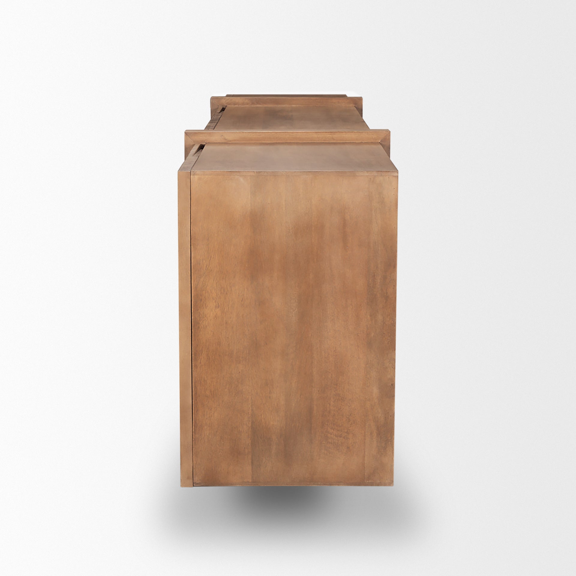 Front view of the Eula sideboard in medium brown wood featuring four seamless doors and two prominent sculptural vertical panel supports