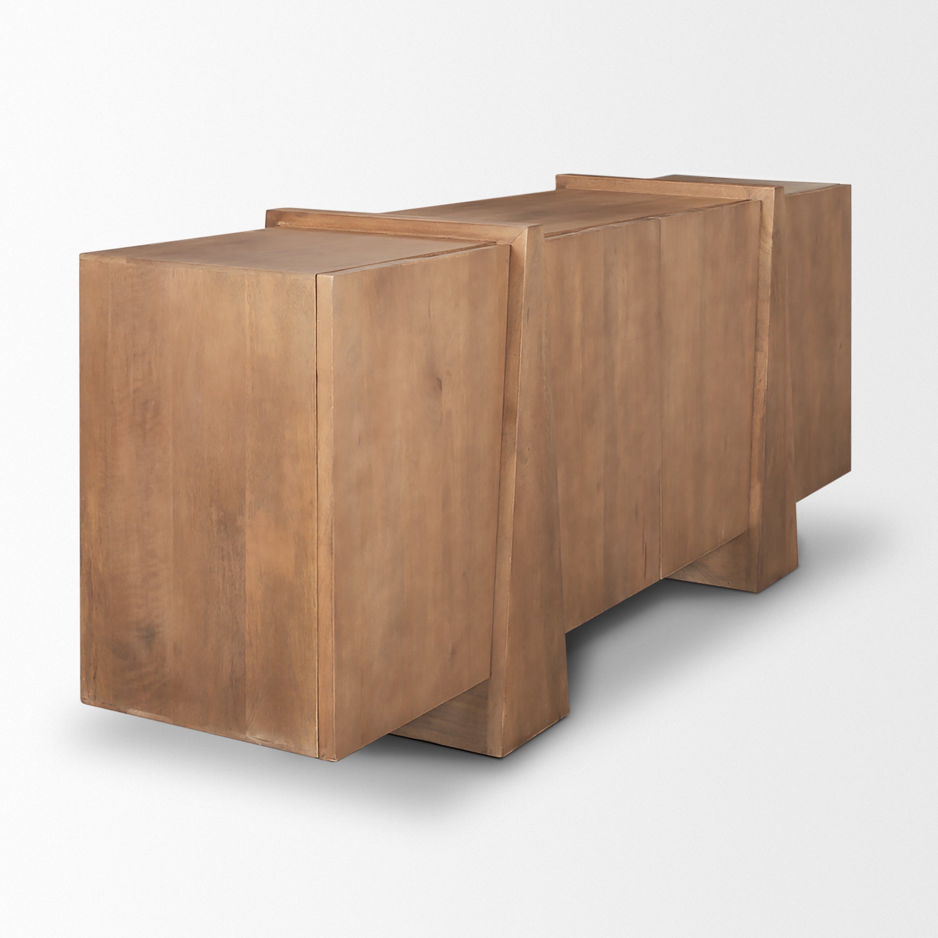 Front view of the Eula sideboard in medium brown wood featuring four seamless doors and two prominent sculptural vertical panel supports
