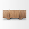 Front view of the Eula sideboard in medium brown wood featuring four seamless doors and two prominent sculptural vertical panel supports