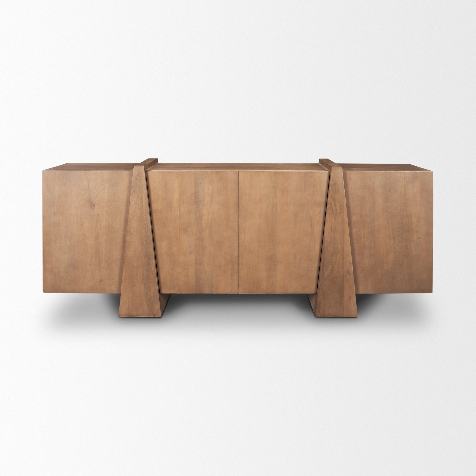 Front view of the Eula sideboard in medium brown wood featuring four seamless doors and two prominent sculptural vertical panel supports