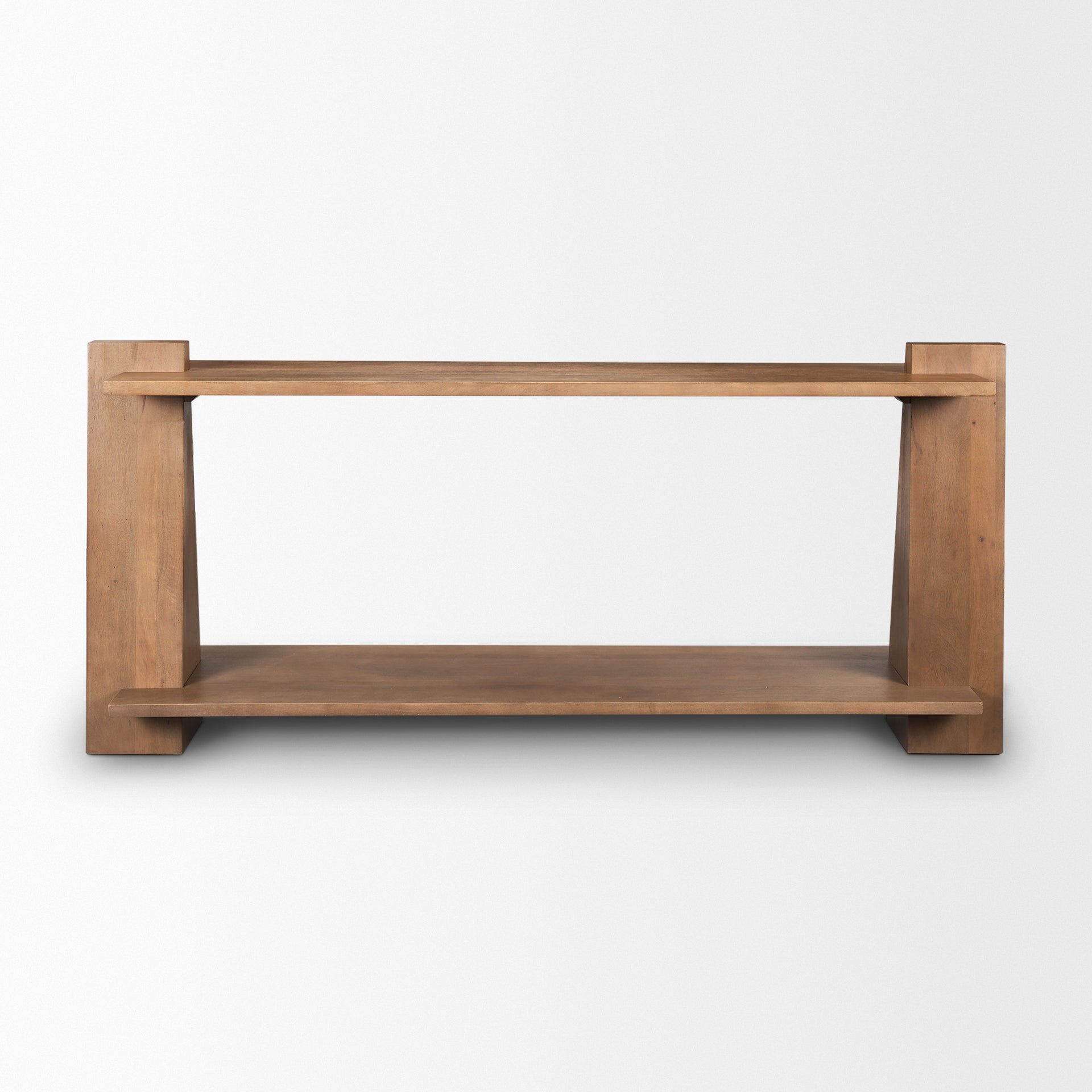 Front view of the Eula console table in medium brown wood featuring a minimalist architectural design with flared legs and dual shelving tiers