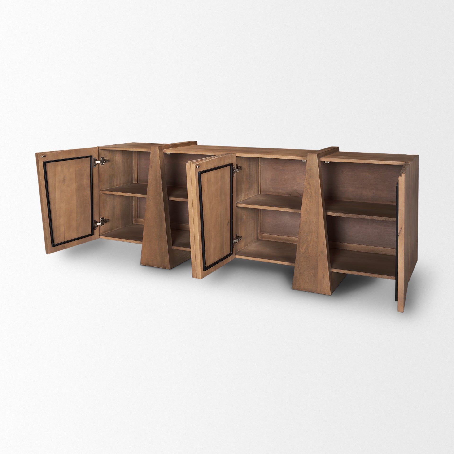 Front view of the Eula sideboard in medium brown wood featuring four seamless doors and two prominent sculptural vertical panel supports