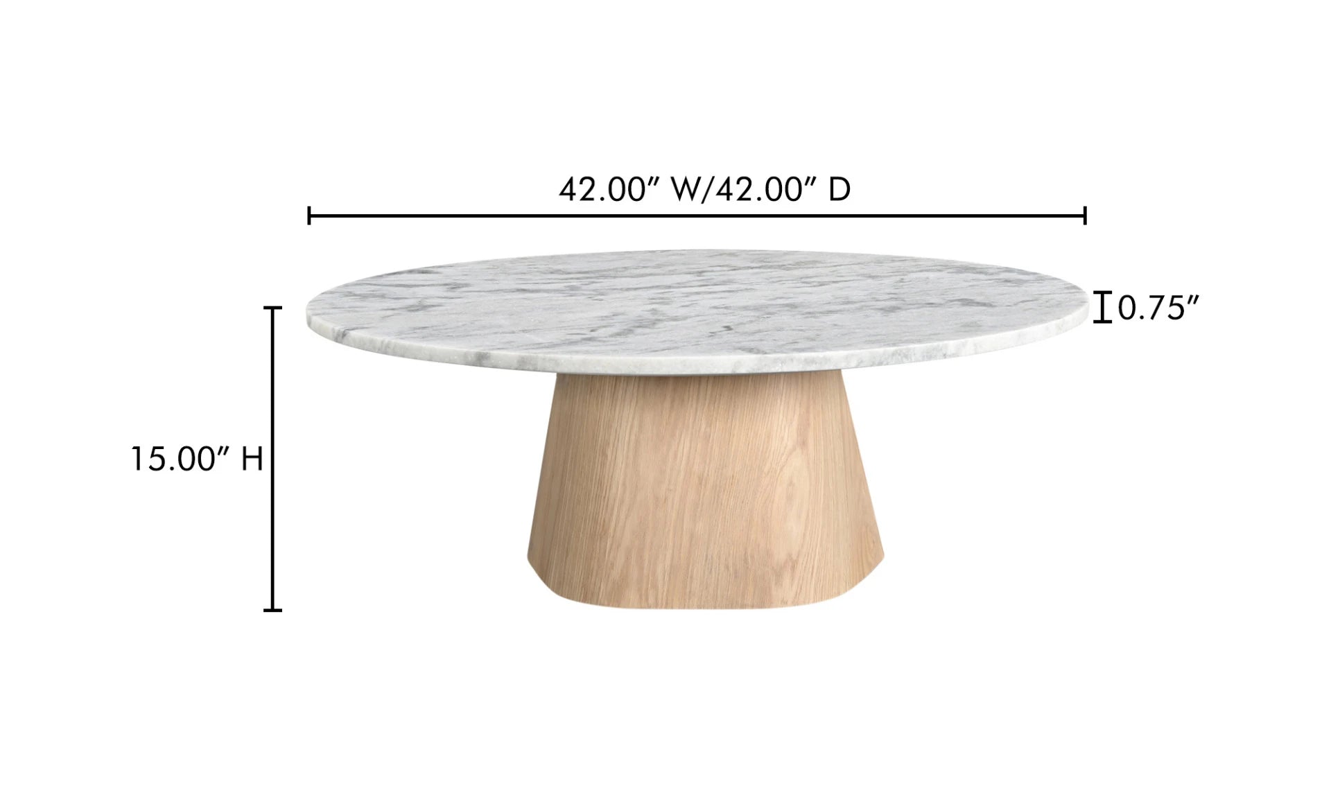 Technical view with dimension lines showing the 42-inch diameter and 15-inch height of the Evelyn coffee table