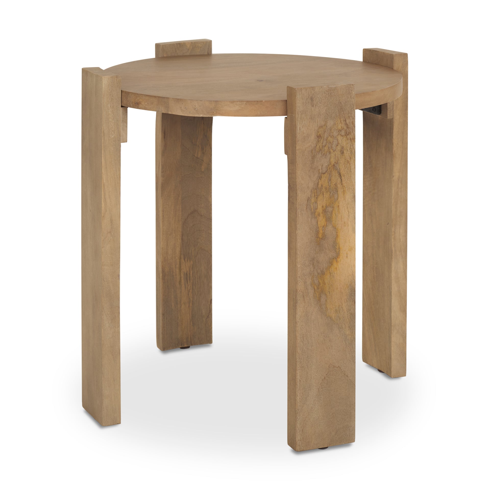 Perspective shot highlighting the architectural tripod leg arrangement and the seamless finish of the light brown wooden tabletop
