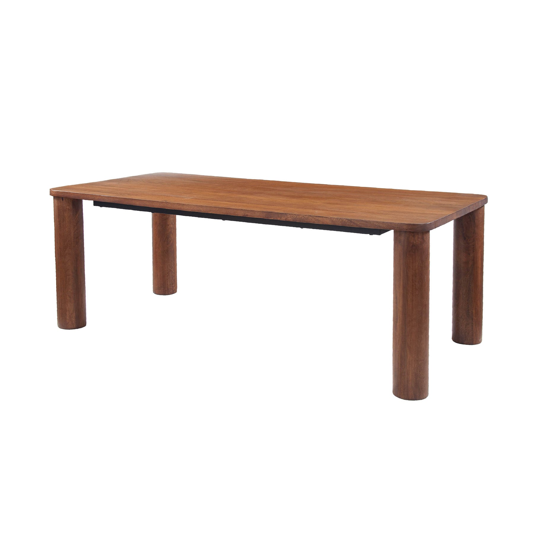 Straight-on front view highlighting the clean architectural lines and smooth rectangular top of the Evolution dining table