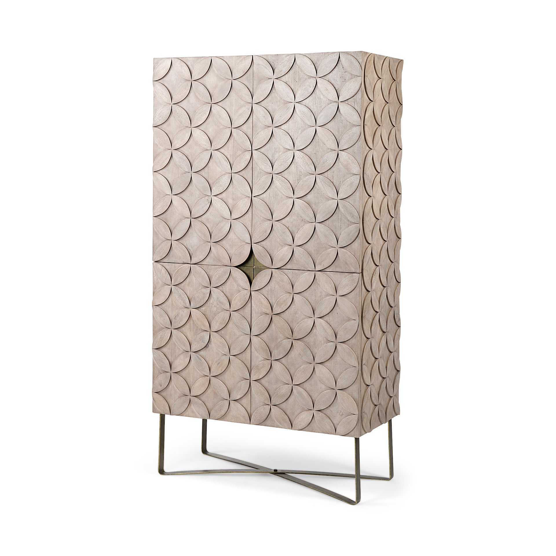 Three-quarter perspective view of the Excelsior II storage cabinet featuring a light brown wood finish, a decorative scalloped motif on the doors, and a gold iron X-base