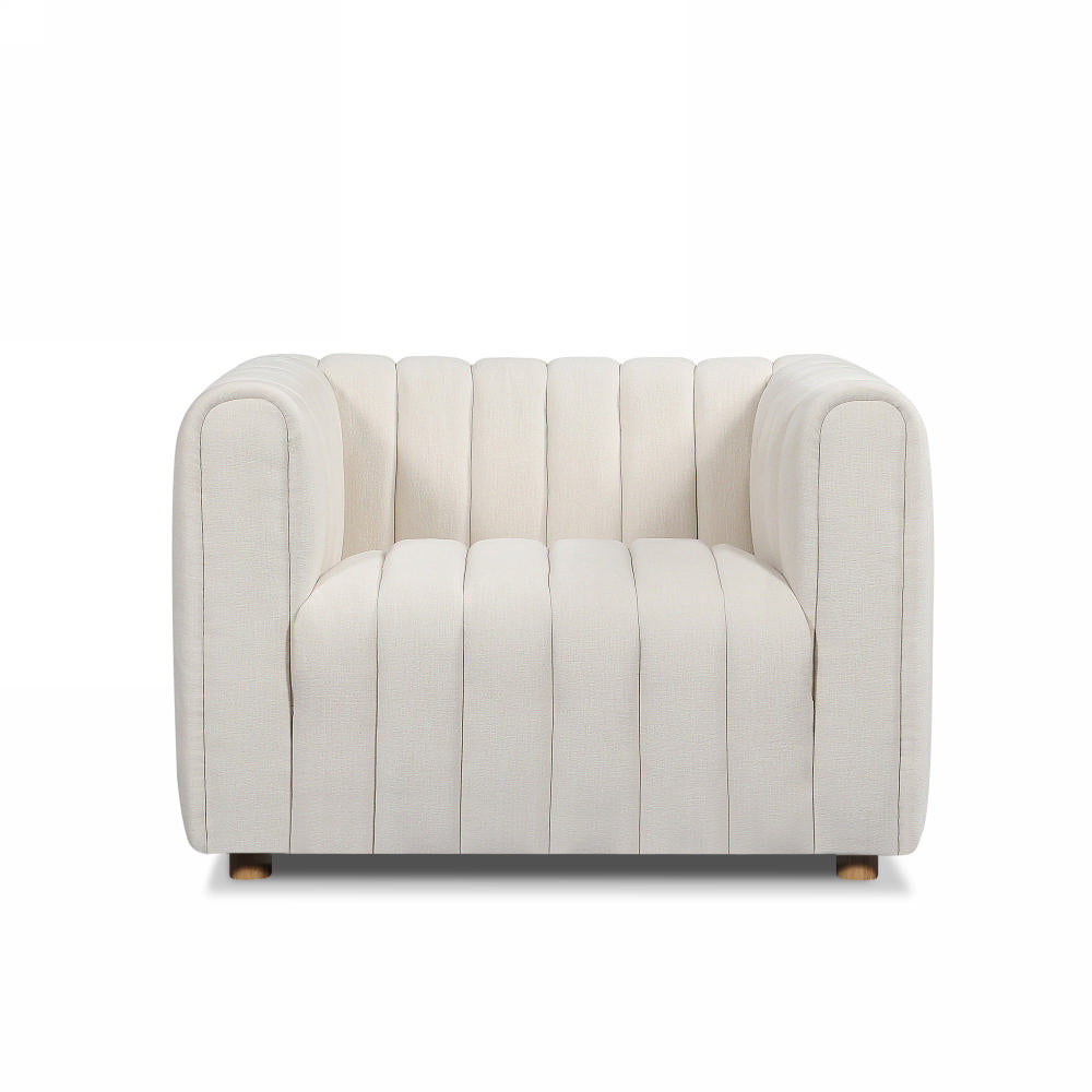Direct front view of the cream Farlov chair highlighting its symmetrical mushroom design