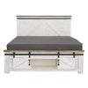 Straight-on studio shot highlighting the X-brace headboard detail and the functional sliding doors on the footboard