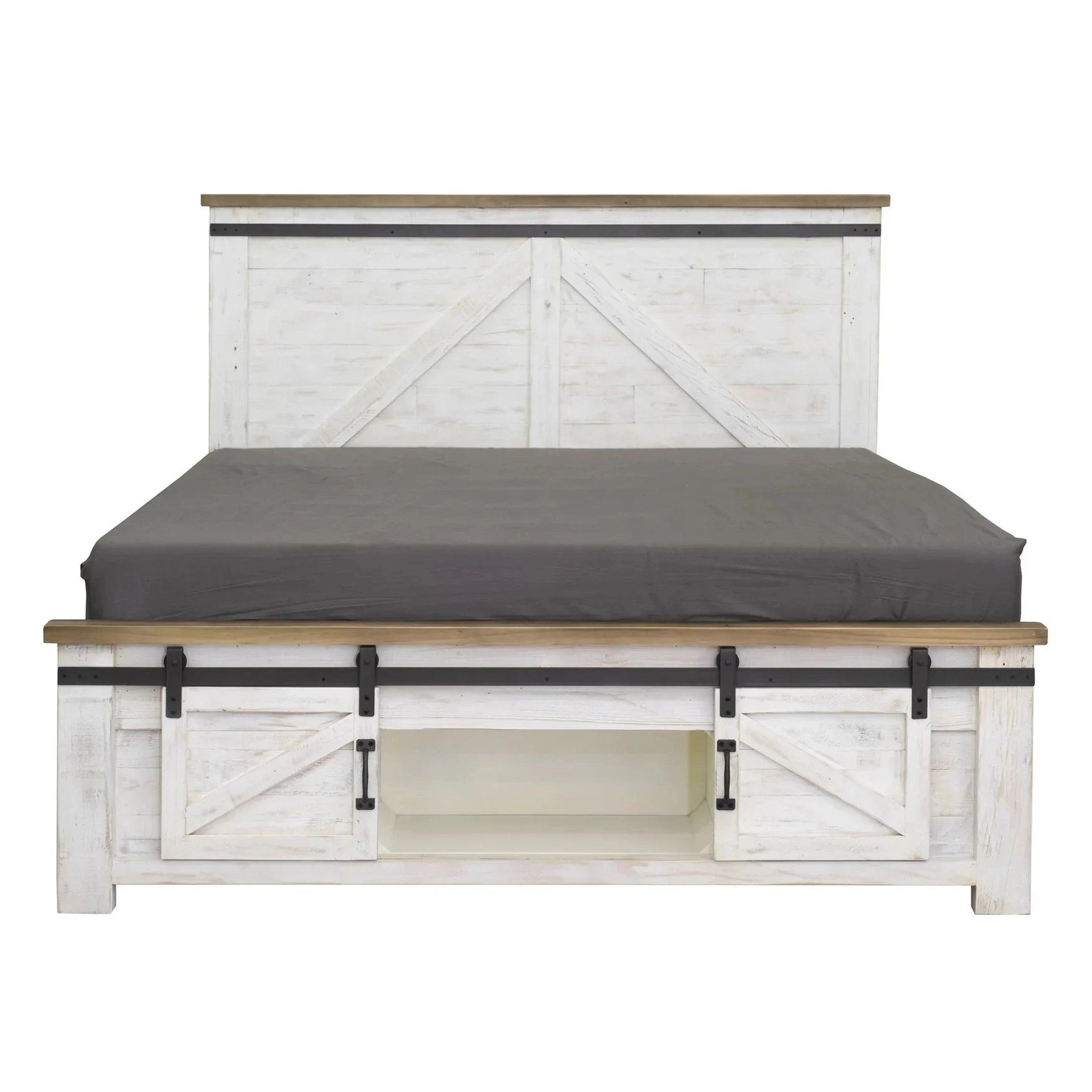Straight-on studio shot highlighting the X-brace headboard detail and the functional sliding doors on the footboard