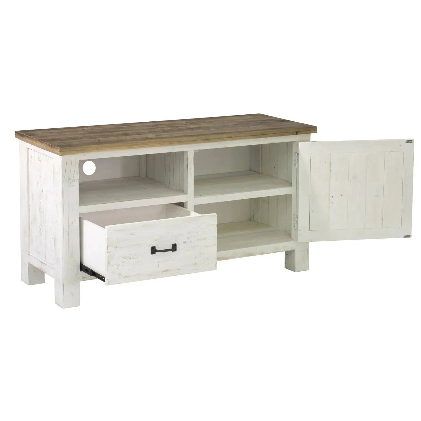 Straight-on front view with the sliding barn door open revealing internal shelving and black metal track hardware