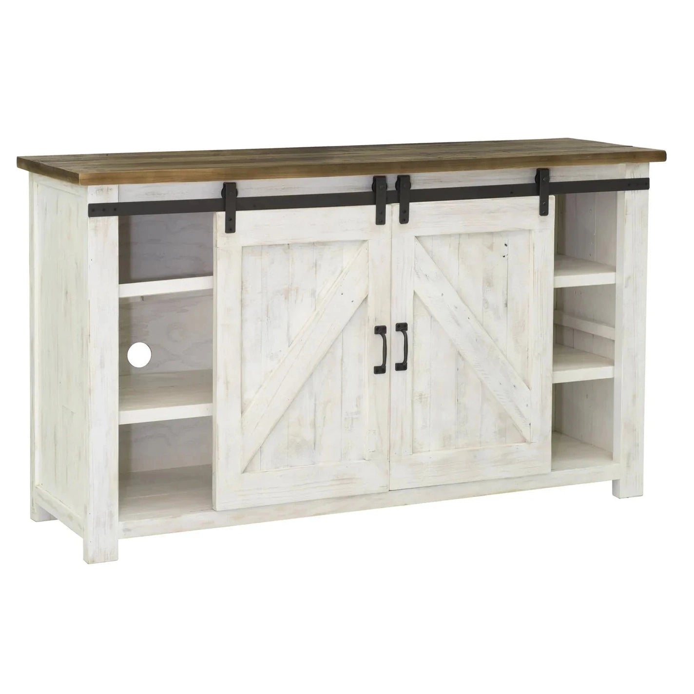 Front view of the Provence sideboard featuring a distressed white finish with two sliding barn doors and a natural brown wood top