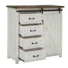 Three-quarter perspective view with all four drawers open showcasing the spacious storage capacity and rustic wood top