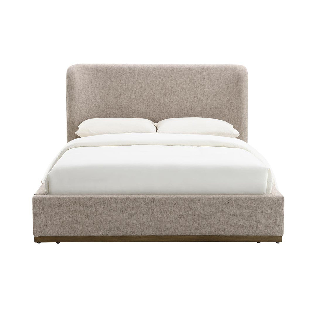 Front view of the Faye platform bed featuring a curved wingback headboard and textured taupe fabric upholstery