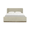 Front view of the Faye queen storage bed in velvet sandstorm featuring a clean upholstered headboard and a natural wood plinth base