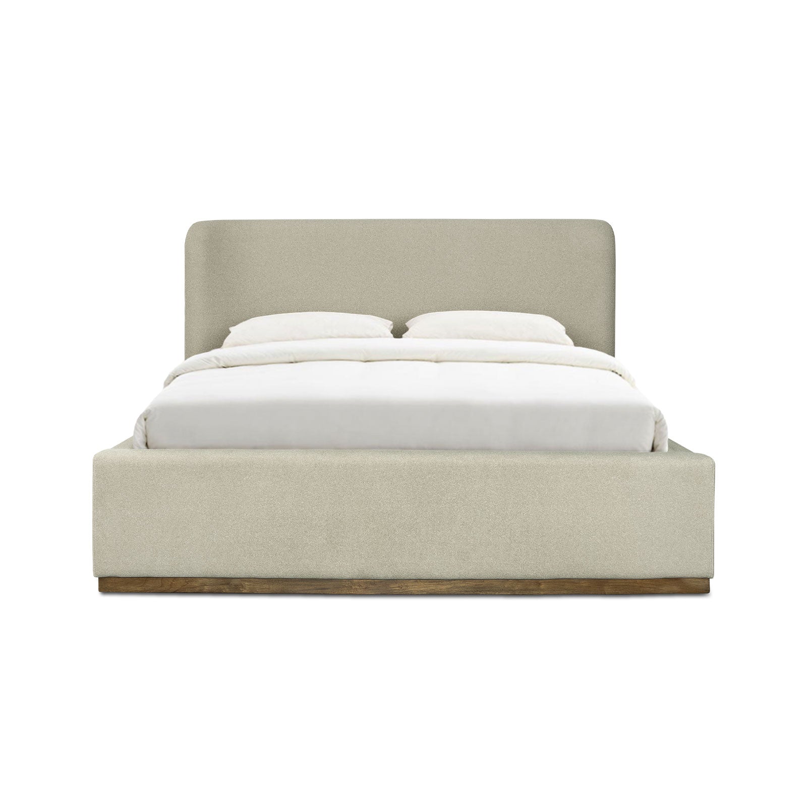 Front view of the Faye queen storage bed in velvet sandstorm featuring a clean upholstered headboard and a natural wood plinth base